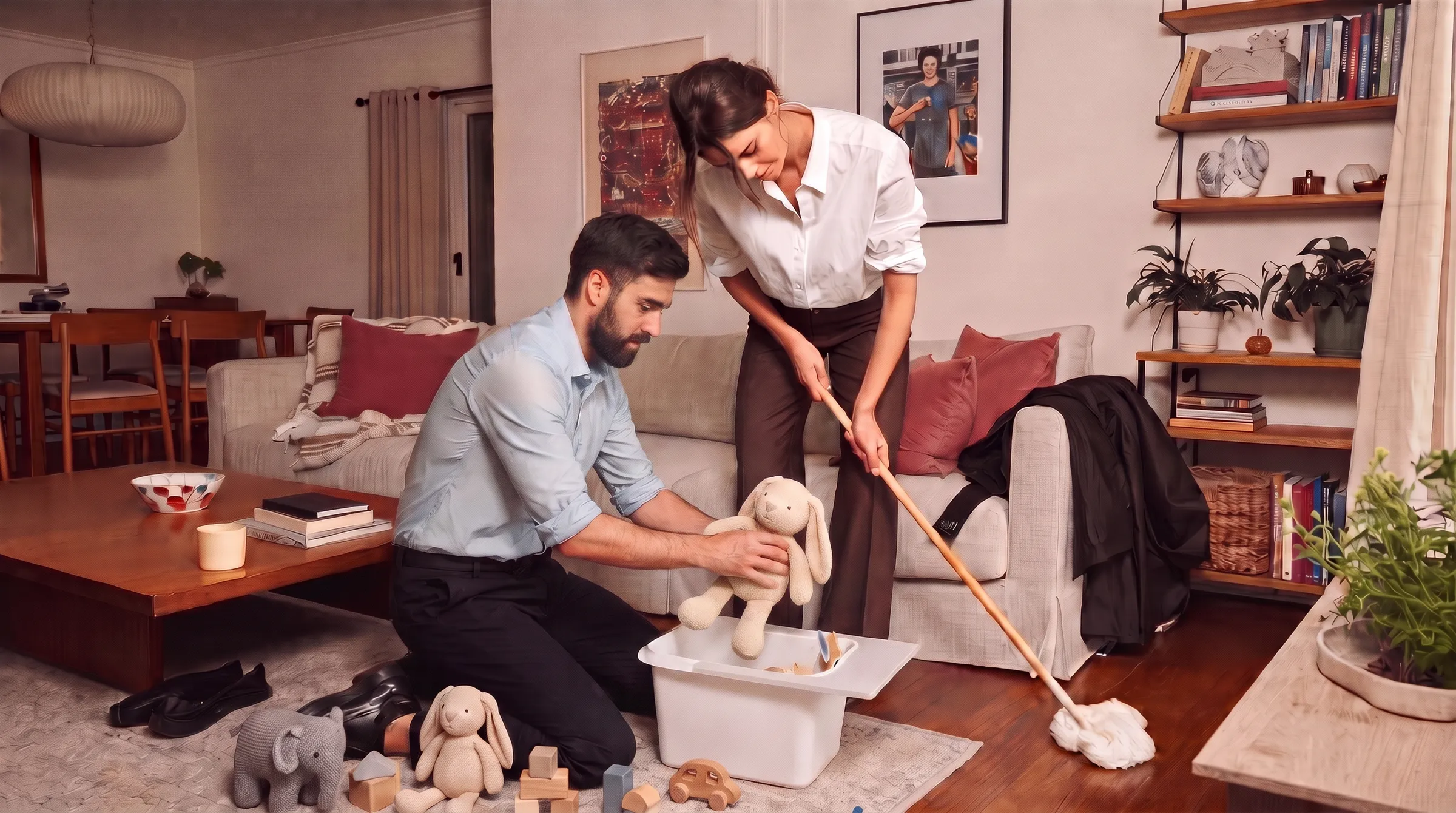 Una pareja recién llegada del trabajo, todavía con ropa de oficina, ordenando su living. Ella trapea el piso y él guarda juguetes en una caja.